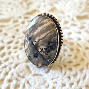 Silver Plate Grey Speckled Jasper Ring Size 9.5